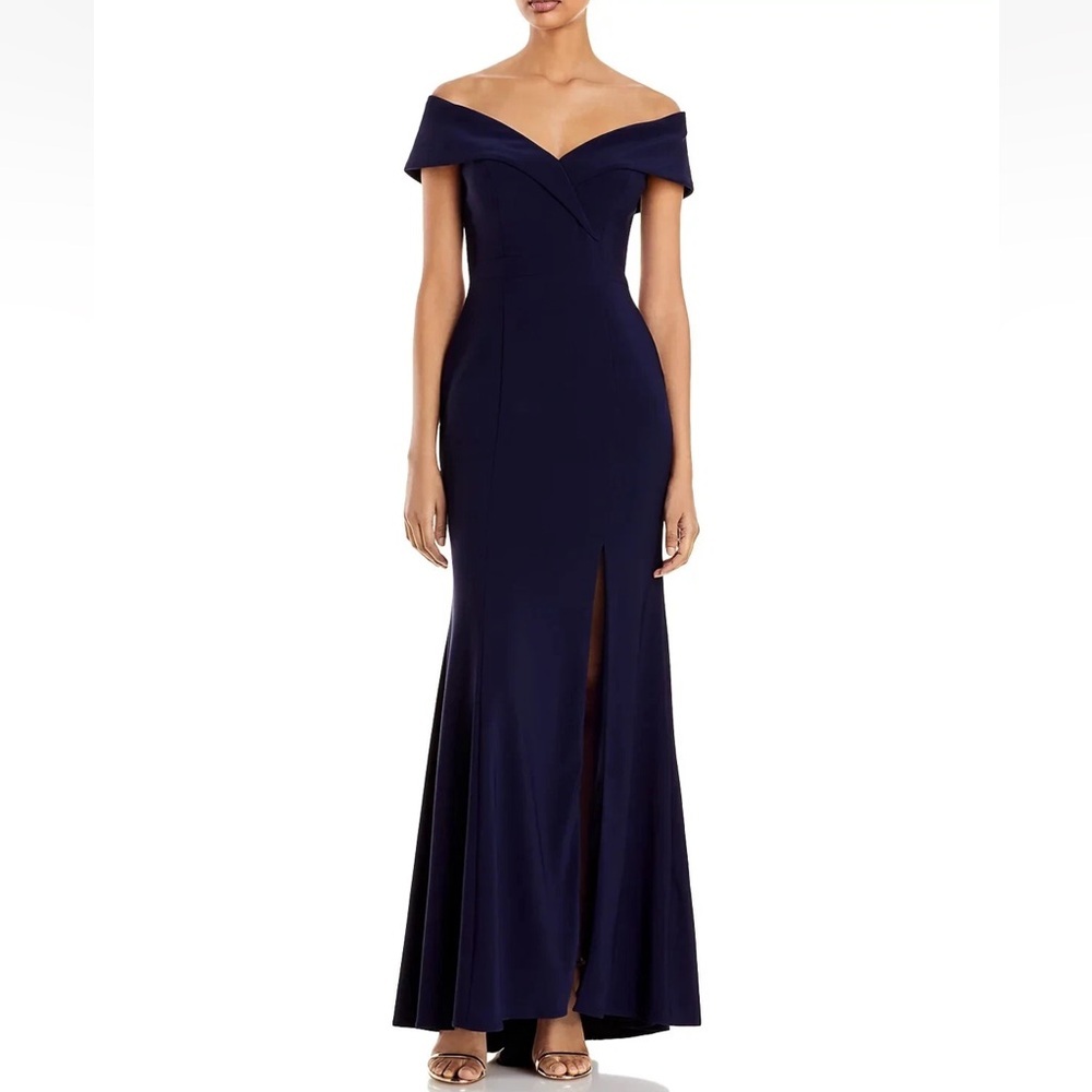 Aqua Formal Navy Off-Shoulder Maxi Gown Dress | 2